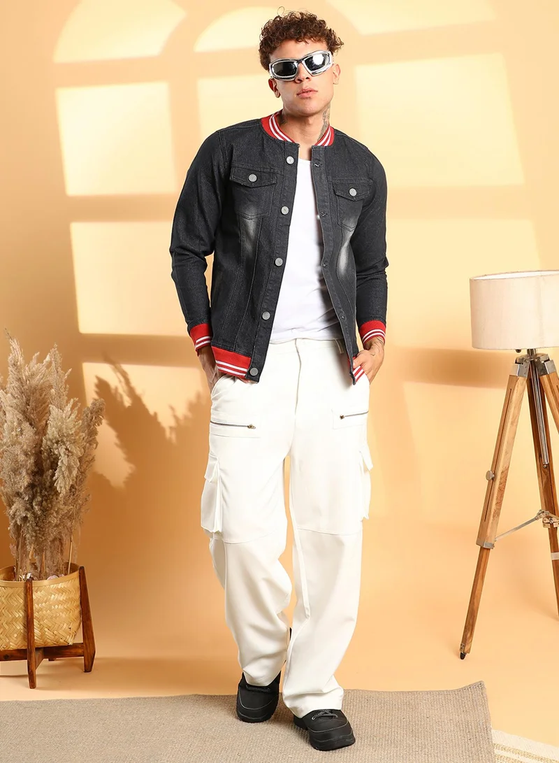 Campus Sutra Men's Black Dark-Wash Denim Jacket With Contrast Hem
