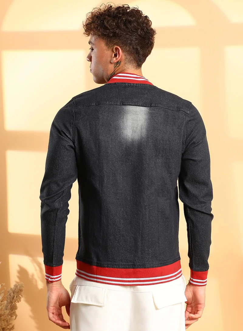 Campus Sutra Men's Black Dark-Wash Denim Jacket With Contrast Hem
