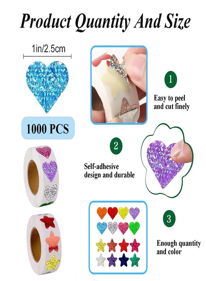 Tekalobr 1000 PCS Incentive Stickers, Tekalobr Glitter Star and Heart Stickers, Reward Self Adhesive Stickers for Students Envelope Birthday Party Decoration Wedding School Classroom Teacher Supplies - Image 2