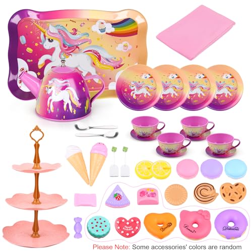 Auney Tea Party Set Toys for Girls Tin Unicorn Tea Set Pretend Play Girls Toys Gifts for Age 36 Kids Toys Gifts for Toddlers Including Carrying Case New Unicorn - Image 5