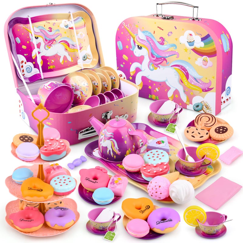 Auney Tea Party Set Toys for Girls Tin Unicorn Tea Set Pretend Play Girls Toys Gifts for Age 36 Kids Toys Gifts for Toddlers Including Carrying Case New Unicorn - Image 3