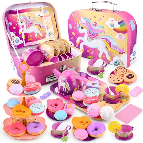 Auney Tea Party Set Toys for Girls Tin Unicorn Tea Set Pretend Play Girls Toys Gifts for Age 36 Kids Toys Gifts for Toddlers Including Carrying Case New Unicorn - Image 1
