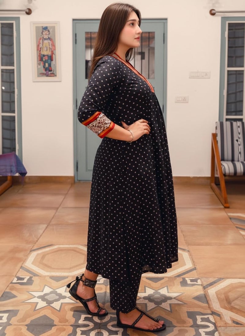 ANNI Designer Women's Rayon Blend Anarkali Printed Kurta with Pant (Karidos Black-VKS06_XXL_Black_XX-Large) - Image 3