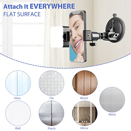 LenTok Suction Cup Mirror Phone Holder with Light, Travel Wall Phone Camera Mount for Makeup Content Creator Essentials, Mirror Tripod for Bathroom Kitchen Compatile with All Smooth Surface - Image 2