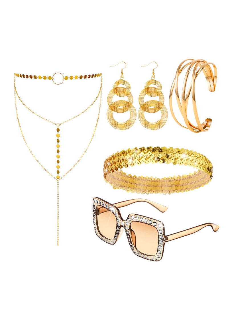 Excefore 70s Disco Set, 5 Pieces Rimless Diamond Cutting Sunglasses Gold Cuff Bangle Bracelets Layered Choker Necklace Disco Earrings Dangle Sequin Headband for Women (Gold) - Image 1