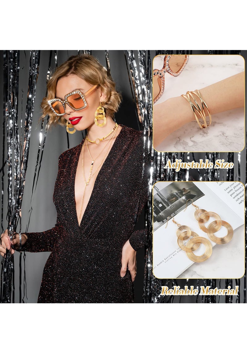 Excefore 70s Disco Set, 5 Pieces Rimless Diamond Cutting Sunglasses Gold Cuff Bangle Bracelets Layered Choker Necklace Disco Earrings Dangle Sequin Headband for Women (Gold) - Image 3