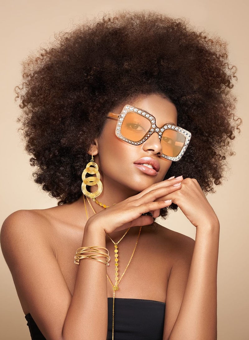 Excefore 70s Disco Set, 5 Pieces Rimless Diamond Cutting Sunglasses Gold Cuff Bangle Bracelets Layered Choker Necklace Disco Earrings Dangle Sequin Headband for Women (Gold) - Image 4