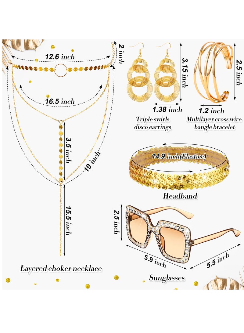 Excefore 70s Disco Set, 5 Pieces Rimless Diamond Cutting Sunglasses Gold Cuff Bangle Bracelets Layered Choker Necklace Disco Earrings Dangle Sequin Headband for Women (Gold) - Image 2