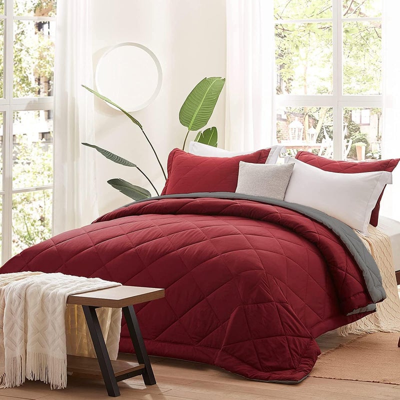 HANUMANT Comforter Single Bed OR Double Bed 340 GSM Blanket AC Comforter Single Bed OR Double Bed Quilt AC Blanket Dohar Reversible Microfibre Polyester Maroon Gray Single Bed - Image 1