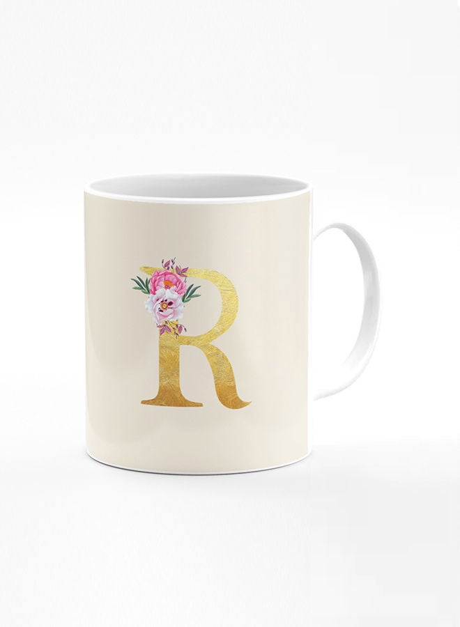 Stylizedd Designer Printed Coffee Mug 11oz Ceramic Personalised Gift Mugs Cup -Custom Monogram Initial Letter Floral Pattern Alphabet - R (Albescent White) - Image 1