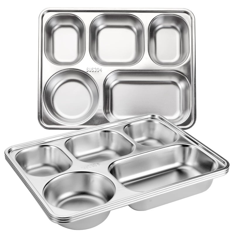 Tebery Tebery 3 Pack Stainless Steel Rectangular Divided Plates Tray  5 Sections Dinner Plates for Adults Kids  Picky Eaters  Campers  and Portion Control  - Image 1