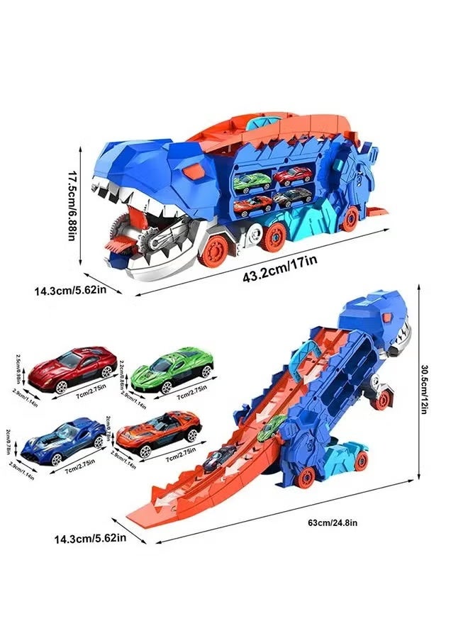 Dinosaur truck toy car, transformable into a standing T-Rex  children's educational toy car, dinosaur educational toy, catapult slide track, toddler car toy set for boys and girls, kids party toy (4 vehicles)  - Image 2