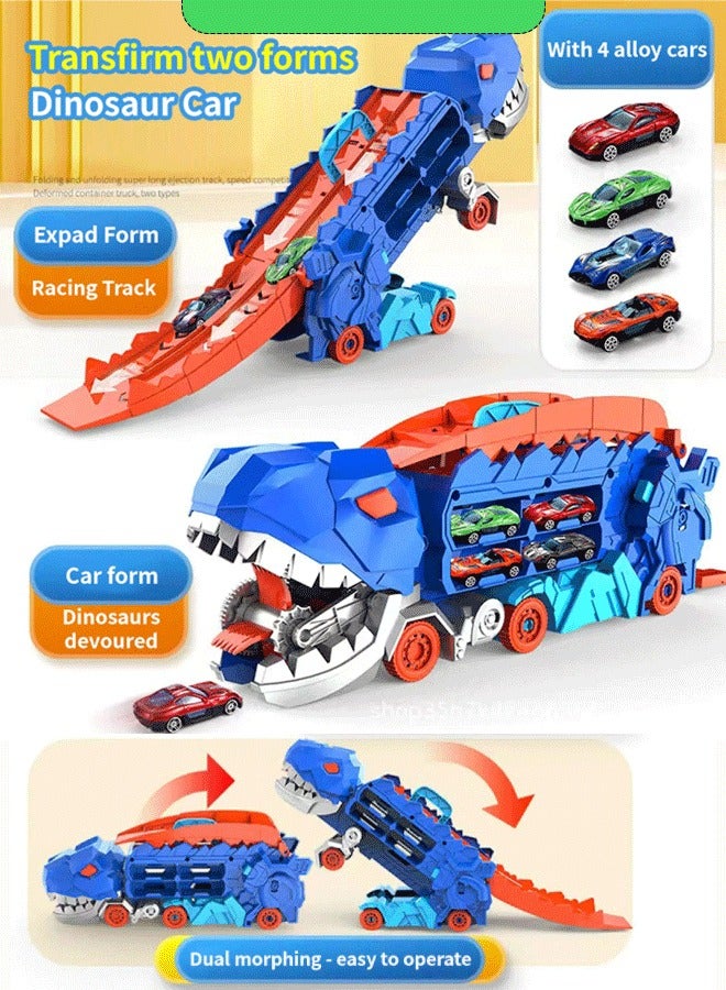 Dinosaur truck toy car, transformable into a standing T-Rex  children's educational toy car, dinosaur educational toy, catapult slide track, toddler car toy set for boys and girls, kids party toy (4 vehicles)  - Image 1