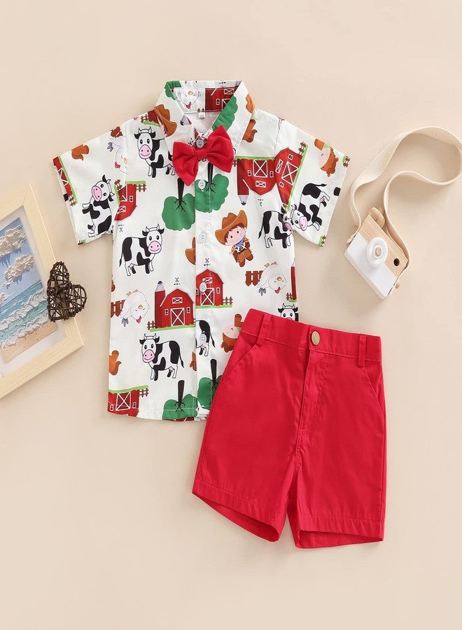 Rtnnsbbfcm Toddler Baby Boy Summer Clothes Short Sleeve Cartoon Print Bow Tie Shirt Top Shorts 2Pcs Casual Outfit (2-3T,Farm) - Image 2