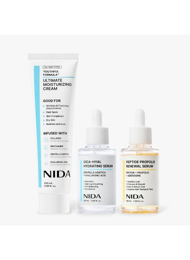 NIDA Youthful Glass Skin Bundle | Moisturizing Cream, Hydrating & Renewal Serums | Complete Set for Glass Skin | Hydration, Wrinkles, Fine Lines, Dark Spots, Redness - Image 1