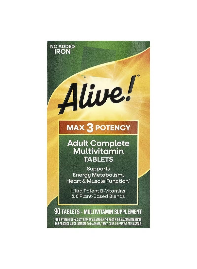 Max3 Potency, Adult Complete Multivitamin, No Added Iron, 90 Tablets