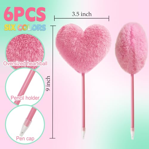 SBYURE Pom Pom Pen 6 Pack Heart Shape Fluffy Pen Fuzzy Pens for Girls Colorful Puffy Pens for Office and Party Supplies, 6 Colors - Image 2