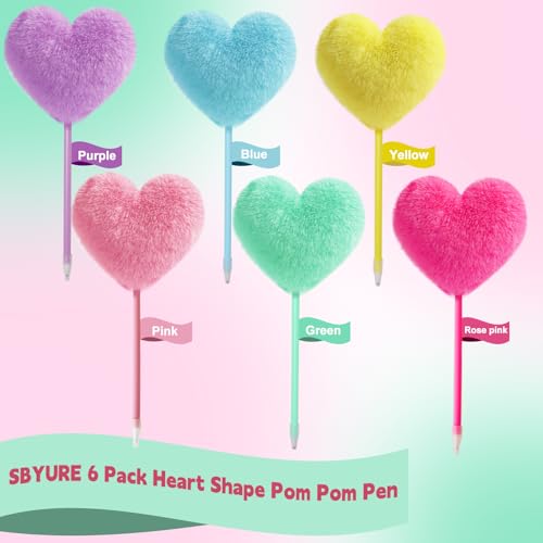SBYURE Pom Pom Pen 6 Pack Heart Shape Fluffy Pen Fuzzy Pens for Girls Colorful Puffy Pens for Office and Party Supplies, 6 Colors - Image 3