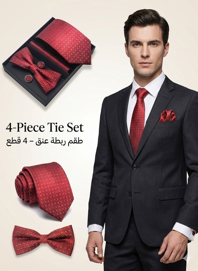 FIORICASA Men’s Premium 4-Piece Tie & Bow Tie Gift Set – Red Micro-Dot Tie, Bow Tie, Pocket Square & Cufflinks - Image 1