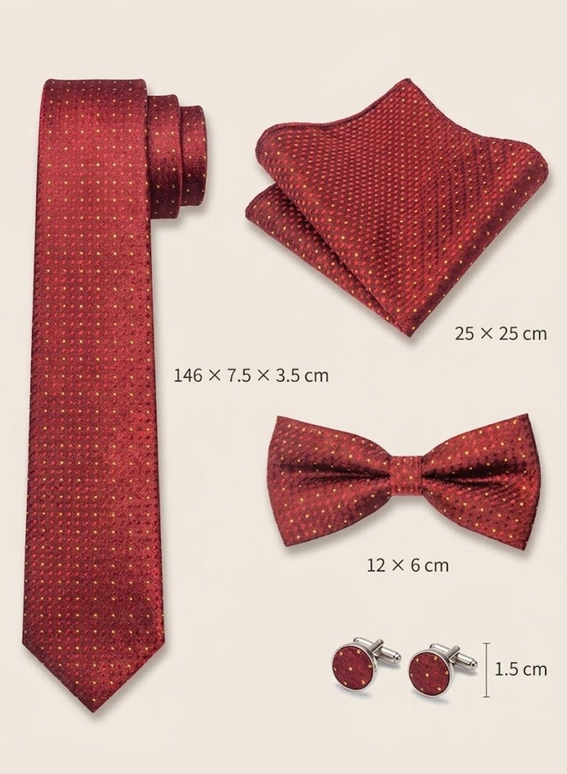 FIORICASA Men’s Premium 4-Piece Tie & Bow Tie Gift Set – Red Micro-Dot Tie, Bow Tie, Pocket Square & Cufflinks - Image 2