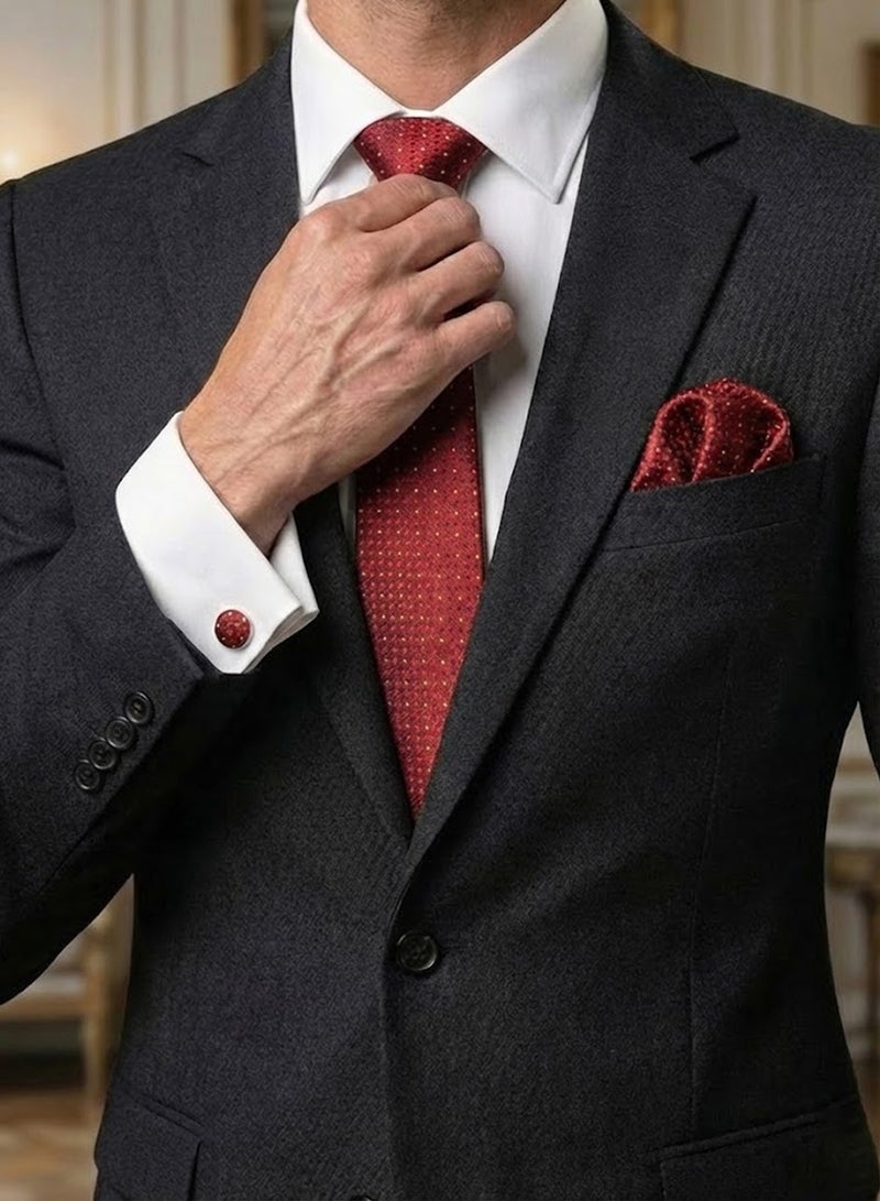 FIORICASA Men’s Premium 4-Piece Tie & Bow Tie Gift Set – Red Micro-Dot Tie, Bow Tie, Pocket Square & Cufflinks - Image 3