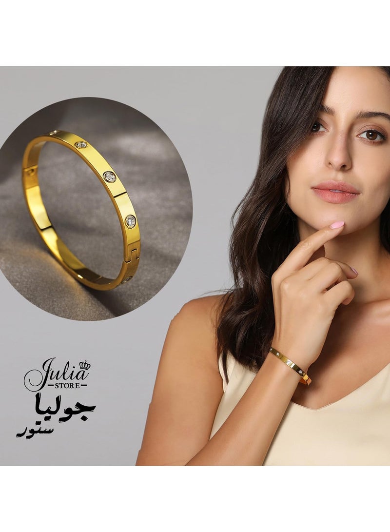 جوليا ستور سوار الصداقة العصري الفاخر المصنوع من الفولاذ المقاوم للصدأ المطلي بالذهب عيار 18 قيراطًا والمزين بالكريستال، سوار سلسلة ذهبية مكون من قطعتين - سوار سميك ملتوي مجوهرات للنساء  - Image 4