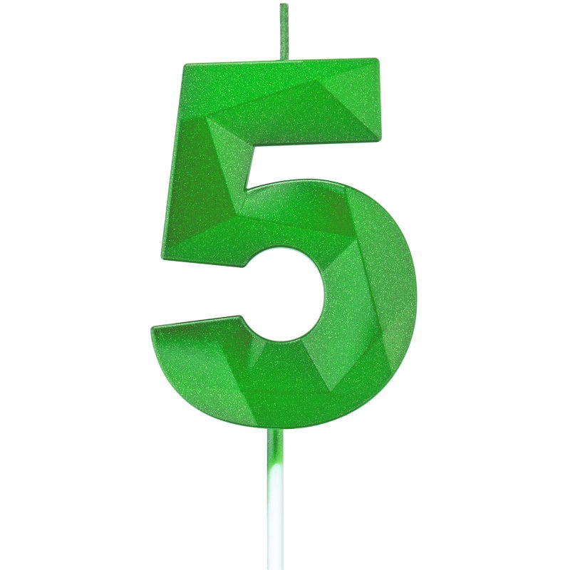 Willcan 275in 3D Diamond Shape Tall 5 Candles Glitter 5 Green Color Happy Birthday Cake Toppers Decorating and Celebrating for AdultsKids PartyFamily Baking Number 5