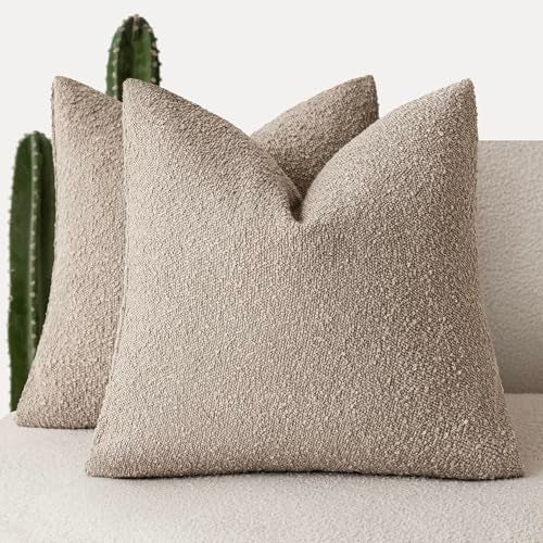 Foindtower Pack of 2 Textured Boucle Throw Pillow Covers Neutral Accent Solid Decorative Pillow Cases Cozy Woven Couch Cushion Case for Sofa Bedroom Living Room Home Decor 20x20 Inch Light Khaki Tan - Image 1