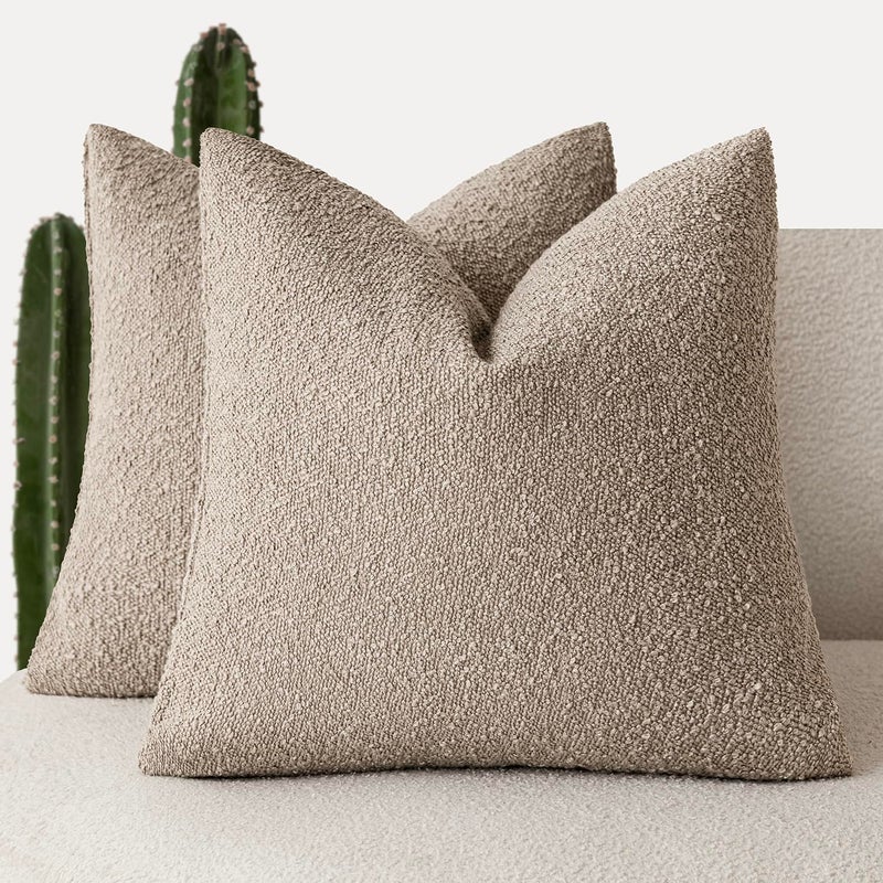 Foindtower Pack of 2 Textured Boucle Throw Pillow Covers Neutral Accent Solid Decorative Pillow Cases Cozy Woven Couch Cushion Case for Sofa Bedroom Living Room Home Decor 20x20 Inch Light Khaki Tan - Image 2