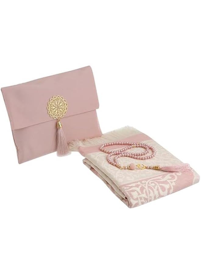 Arabest Powder Pink Islamic Prayer Rug Set in Portable Bag with Tasbih - Ideal Muslim Gift for Men and Women - Soft Turkish Sajadah for Ramadan, Eid, Hajj, and Travel  - Image 1