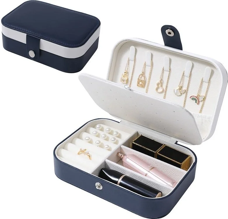 شافين Navy Blue Leather Travel Ring Earring Necklace Jewelry Box ST1-65LC