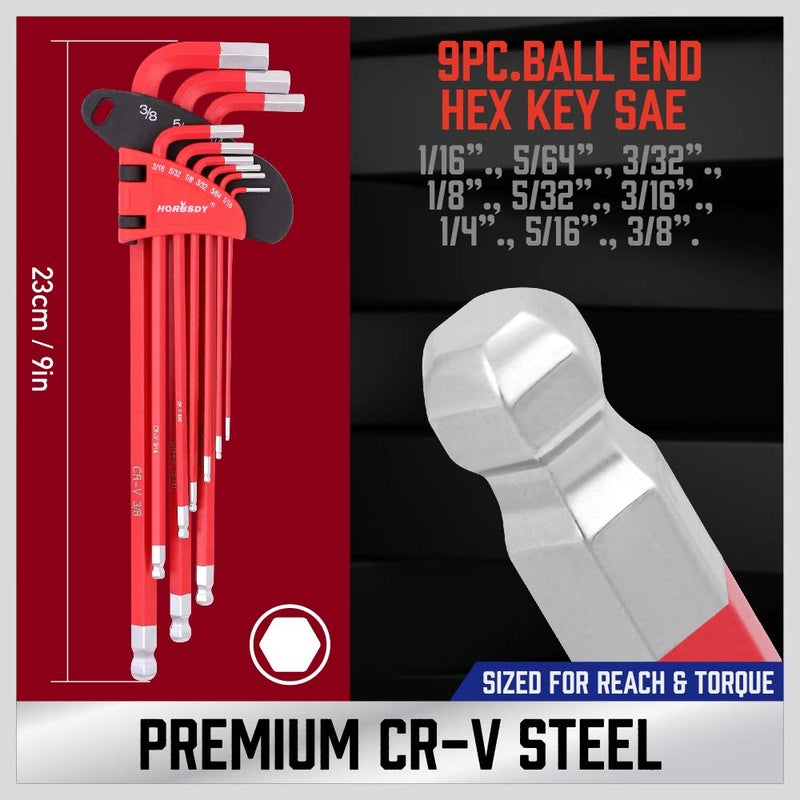 HORUSDY 37PCS Hex Key Allen Wrench Set, SAE & Metric Star Long Arm Ball End Hex Key Set, Industrial Grade Allen Wrench Set with Another Torque Handle - Image 2