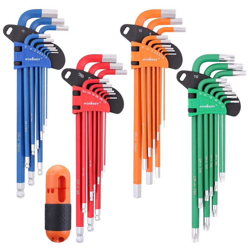 HORUSDY 37PCS Hex Key Allen Wrench Set, SAE & Metric Star Long Arm Ball End Hex Key Set, Industrial Grade Allen Wrench Set with Another Torque Handle - Image 1