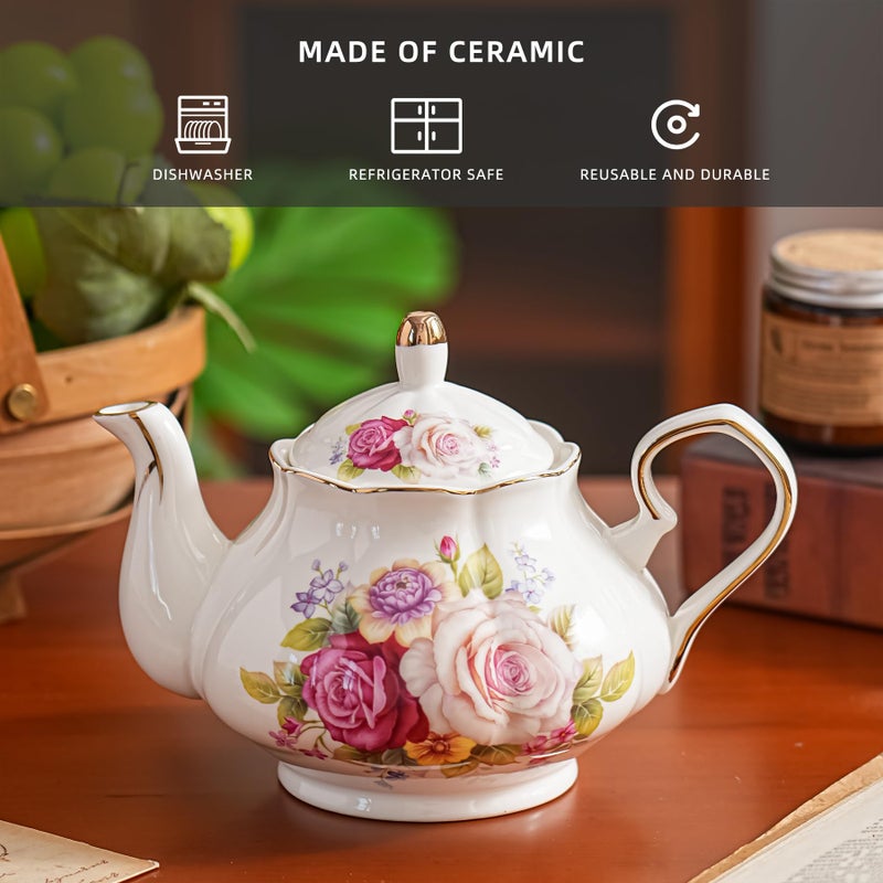 Agyiuns Flower Ceramic Teapot,22oz Porcelain Tea pot for Tea Coffee Milk for Office Home Men Women as Gift (Rose) - Image 3