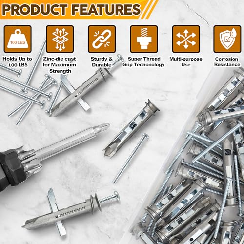 UNVERT Self-Drilling Drywall Anchor Toggle Kit, Heavy Duty Wall Ancor with Zinc Phillip Screws #8 x 2-1/4 - Holds Up to 100 Lb. (25 Pack) - Image 2