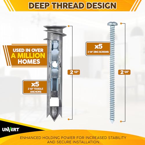 UNVERT Self-Drilling Drywall Anchor Toggle Kit, Heavy Duty Wall Ancor with Zinc Phillip Screws #8 x 2-1/4 - Holds Up to 100 Lb. (25 Pack) - Image 3