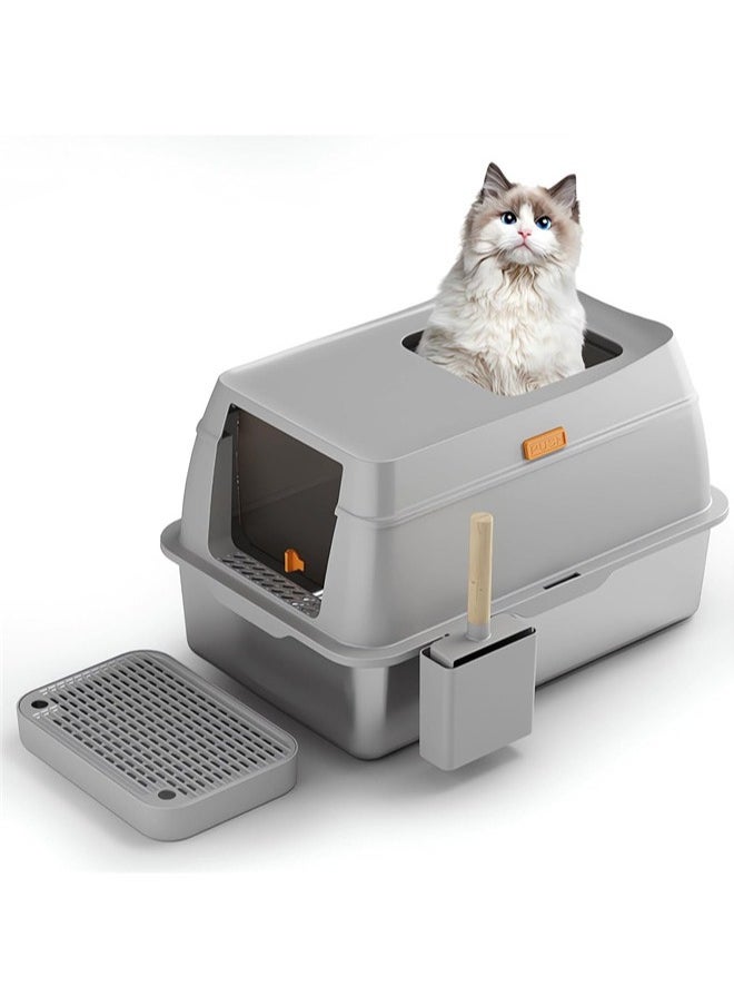 Denzoz 3 in 1 Stainless Steel Cat Litter Box with Removable Lid Premium Enclosed XL Large Cat Litter Box for Big Kitty with Scoop Top Entry Odor Control Anti-Leakage Non-Sticky & Easy Clean  - Image 1
