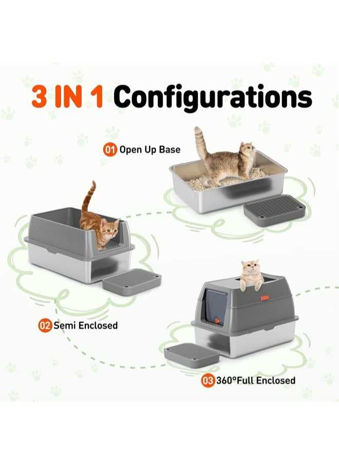Denzoz 3 in 1 Stainless Steel Cat Litter Box with Removable Lid Premium Enclosed XL Large Cat Litter Box for Big Kitty with Scoop Top Entry Odor Control Anti-Leakage Non-Sticky & Easy Clean  - Image 3