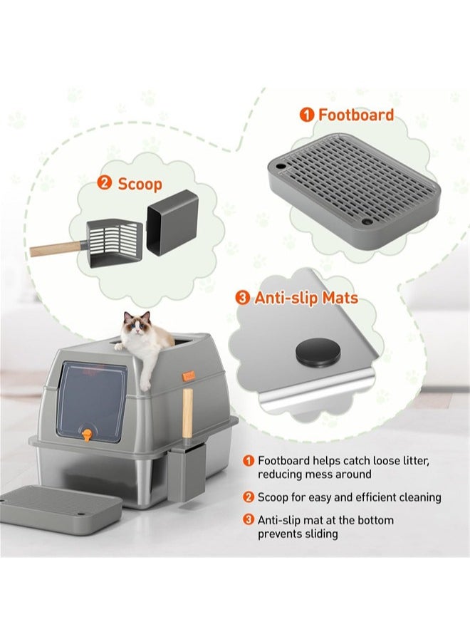 Denzoz 3 in 1 Stainless Steel Cat Litter Box with Removable Lid Premium Enclosed XL Large Cat Litter Box for Big Kitty with Scoop Top Entry Odor Control Anti-Leakage Non-Sticky & Easy Clean  - Image 5