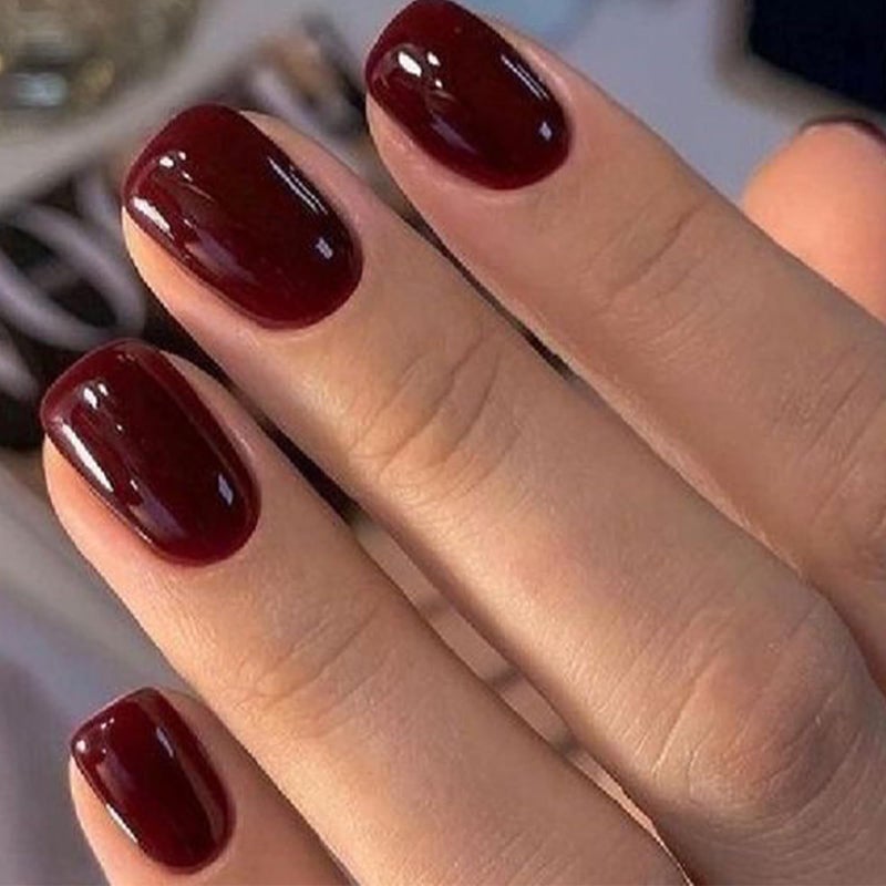 modelones أظافر مزيفة مضغوطة من موديلونز، أظافر قصيرة مربعة حمراء داكنة، مجموعة أظافر قابلة لإعادة الاستخدام مع لاصق أظافر، لاصقات لاصقة، ومبرد أظافر صغير، 32 قطعة بأحجام 16، هدية للنساء والفتيات - Image 1
