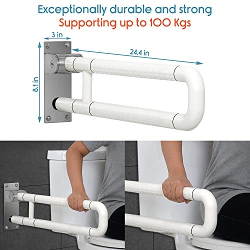 KosmoCare Wall Mounted Flip up Stainless Steel 304 Grab Bar Rails with Anti-Slip Nylon Grip - 24 inches | Toilet Handrails Bathroom Safety Bar for The Elderly, Pregnant Women and Handicap - Image 5