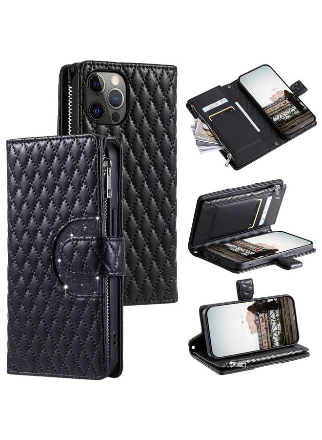 Zaboon Case For iPhone 11 Pro Glitter Lattice Zipper Wallet Leather Phone Case - Image 1