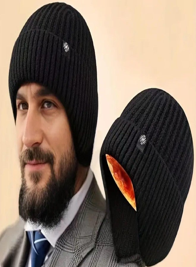 Hozzbun قبعة هوزبون® الصوفية المحبوكة للجنسين، مناسبة للرجال والنساء، قبعة شتوية دافئة مبطنة بالفرو مع أغطية للأذنين، قبعة من الأكريليك الناعم، قبعة على شكل جمجمة (أسود) - Image 2