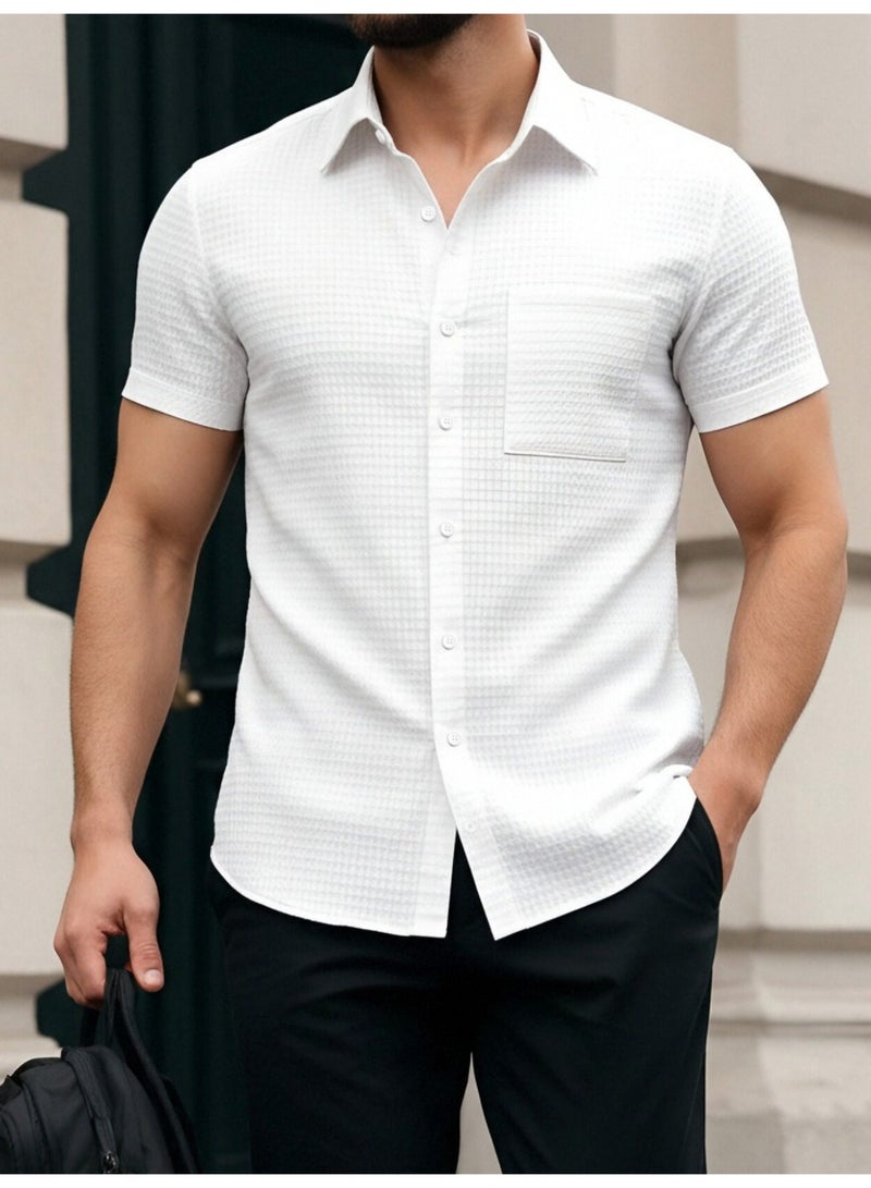 قميص رجالي أبيض بنقشة الوافل، بأكمام قصيرة وأزرار، مناسب للصيف - Image 3