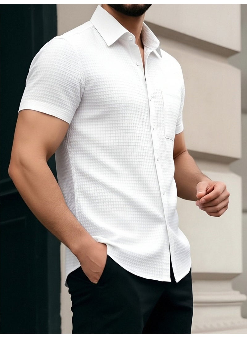 قميص رجالي أبيض بنقشة الوافل، بأكمام قصيرة وأزرار، مناسب للصيف - Image 2