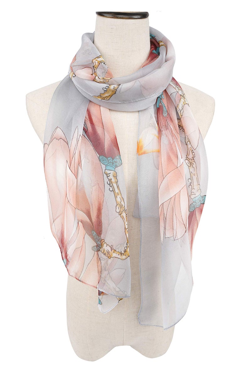 YOUR SMILE Ladies/Women's Lightweight Floral Print/Solid Color mixture Shawl Scarf For Spring Summer season (Pink/Grey Painting) - Image 2