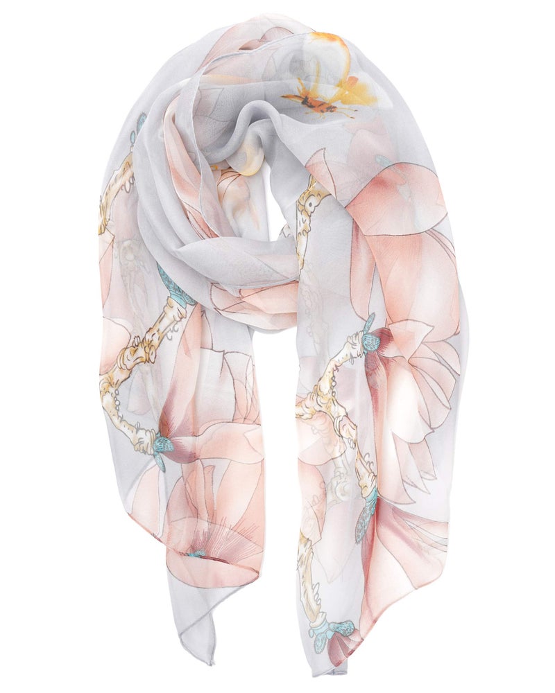 YOUR SMILE Ladies/Women's Lightweight Floral Print/Solid Color mixture Shawl Scarf For Spring Summer season (Pink/Grey Painting) - Image 1
