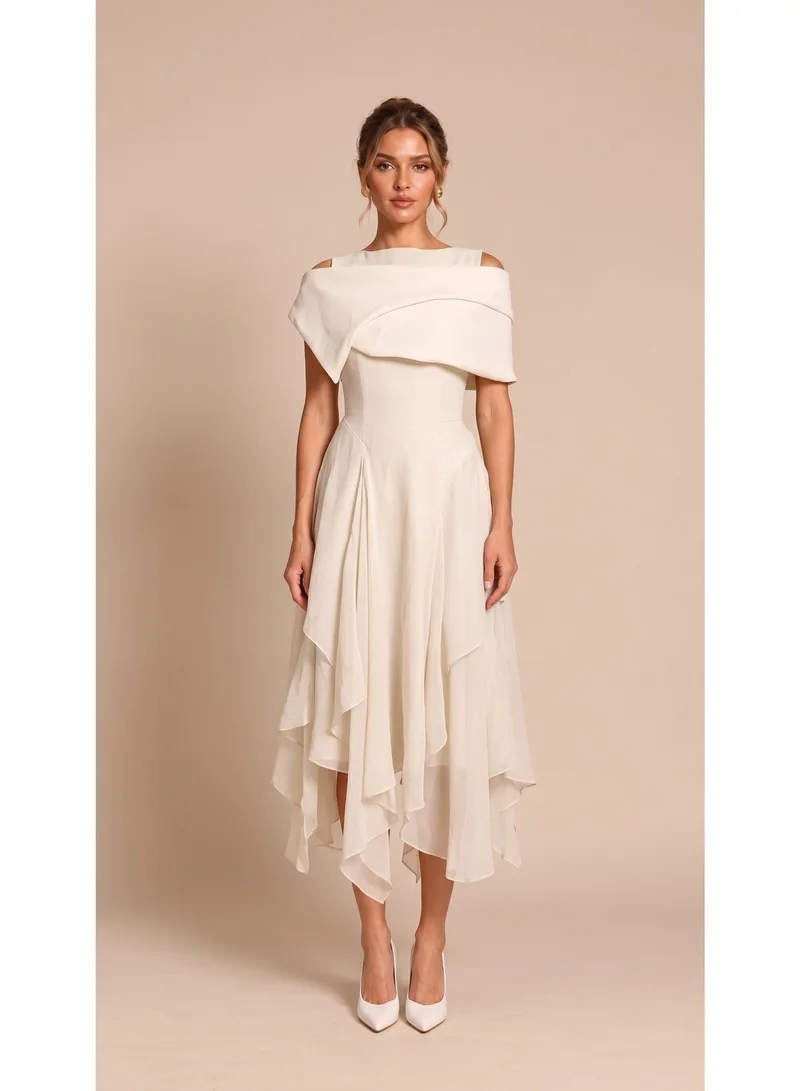 2Trendy Women's Off-White Midi Dress with Cold Shoulder Cutouts, Wide Shoulder Panel and Layered Skirt