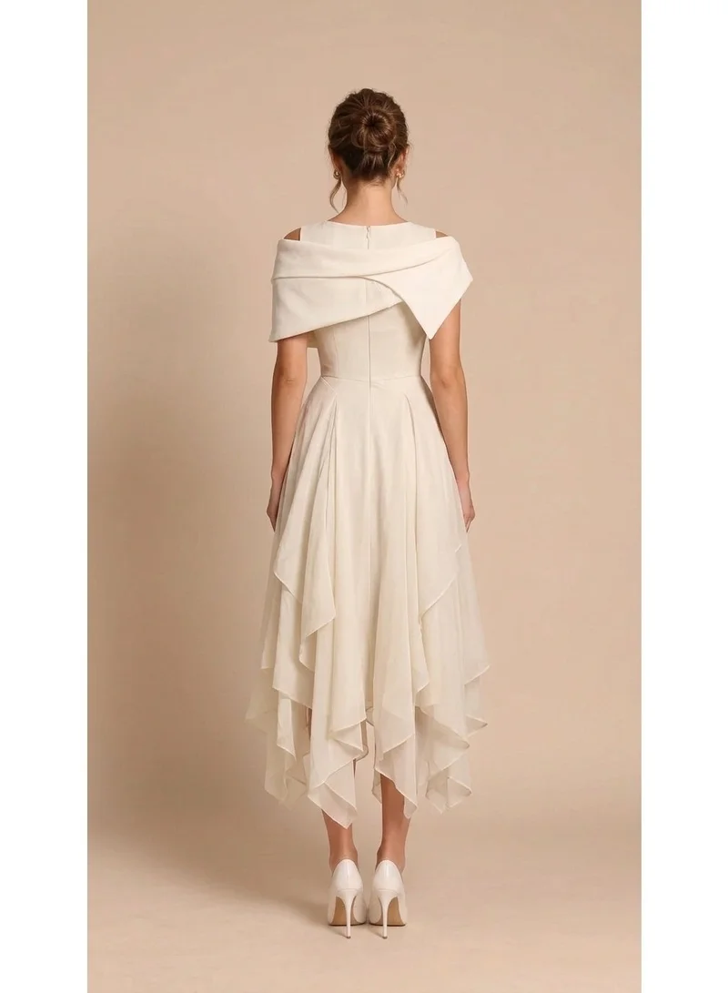 2Trendy Women's Off-White Midi Dress with Cold Shoulder Cutouts, Wide Shoulder Panel and Layered Skirt