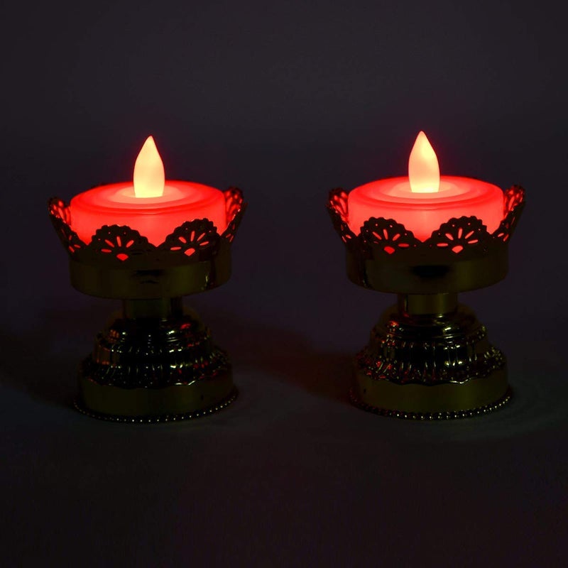 TGOPIT Flickering Led Candles Lotus Flower Shaped Dancing Flame Flickering Led Tealight Lights for Decoration Artificial Lights Diya with Battery Batteries Not Included Red Golden Stand2 Pcs - Image 4